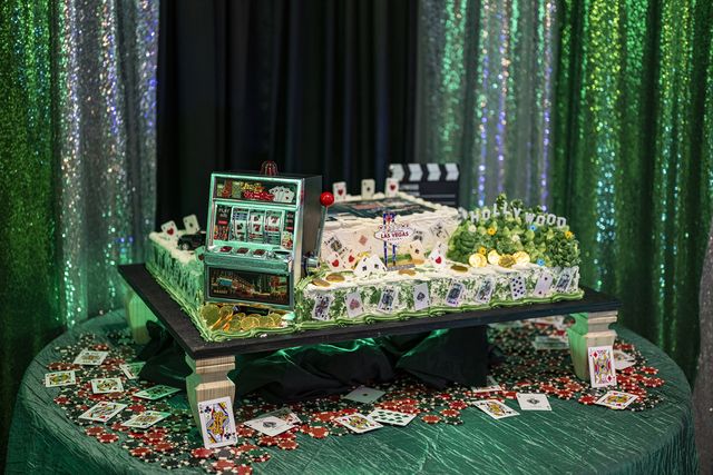 Book release party: Casino-themed cake with a slot machine and playing cards
