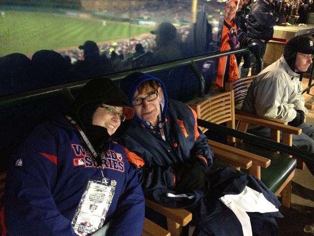 Fans bundled up at a night game
