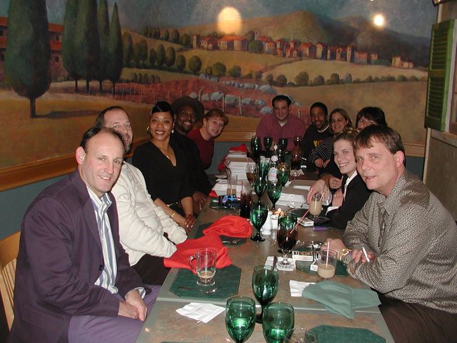 Group dinner at a long table