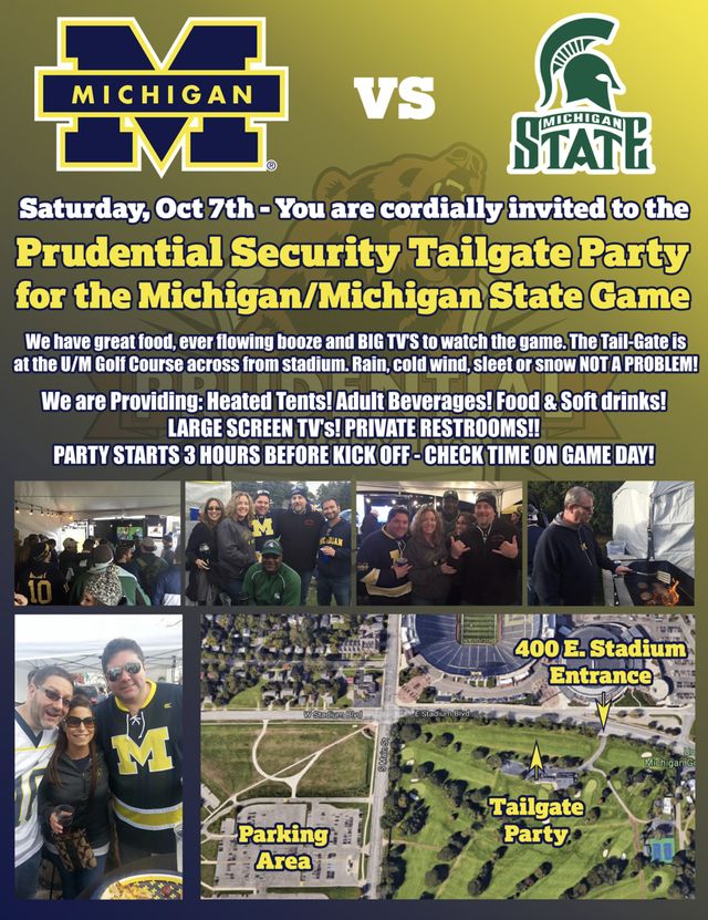 Invitation to a Prudential Security tailgate party for Michigan vs Michigan State